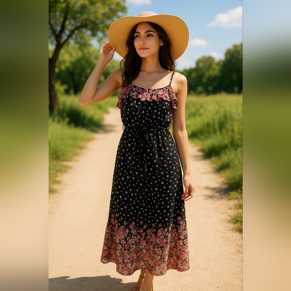 Floral Black Spaghetti Strap Ruffle Top Belted Stretch Waist Maxi Dress Size M - Picture 10 of 14